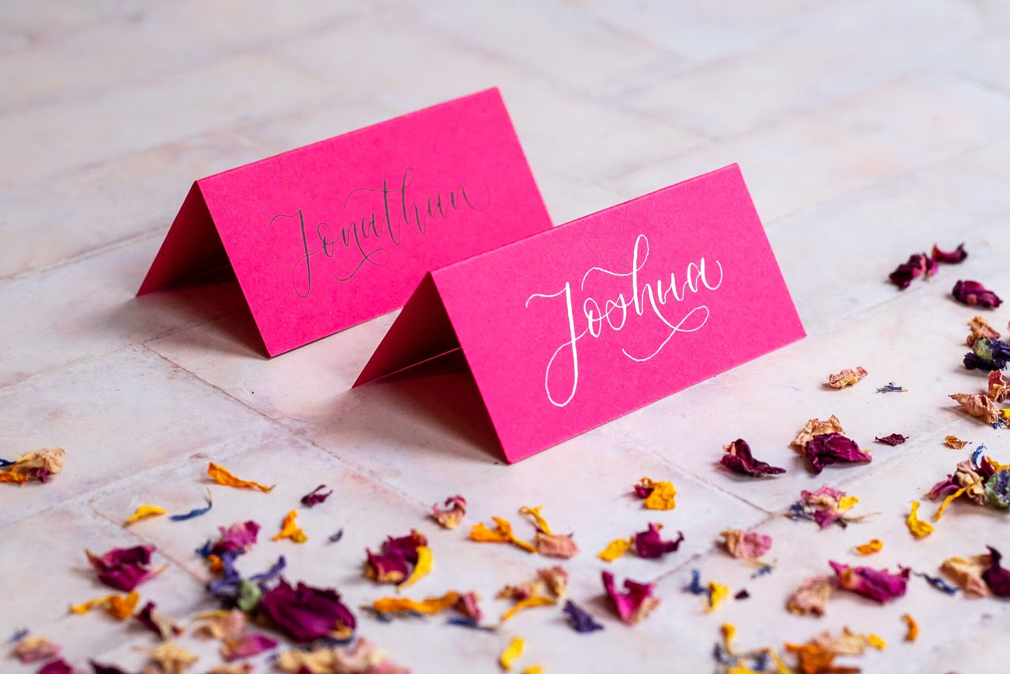 Hot Pink Folded Place Cards - Wedding / Event Place Settings