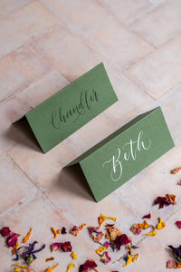 Mid Green Folded Place Cards - Wedding / Event Place Settings / Khaki