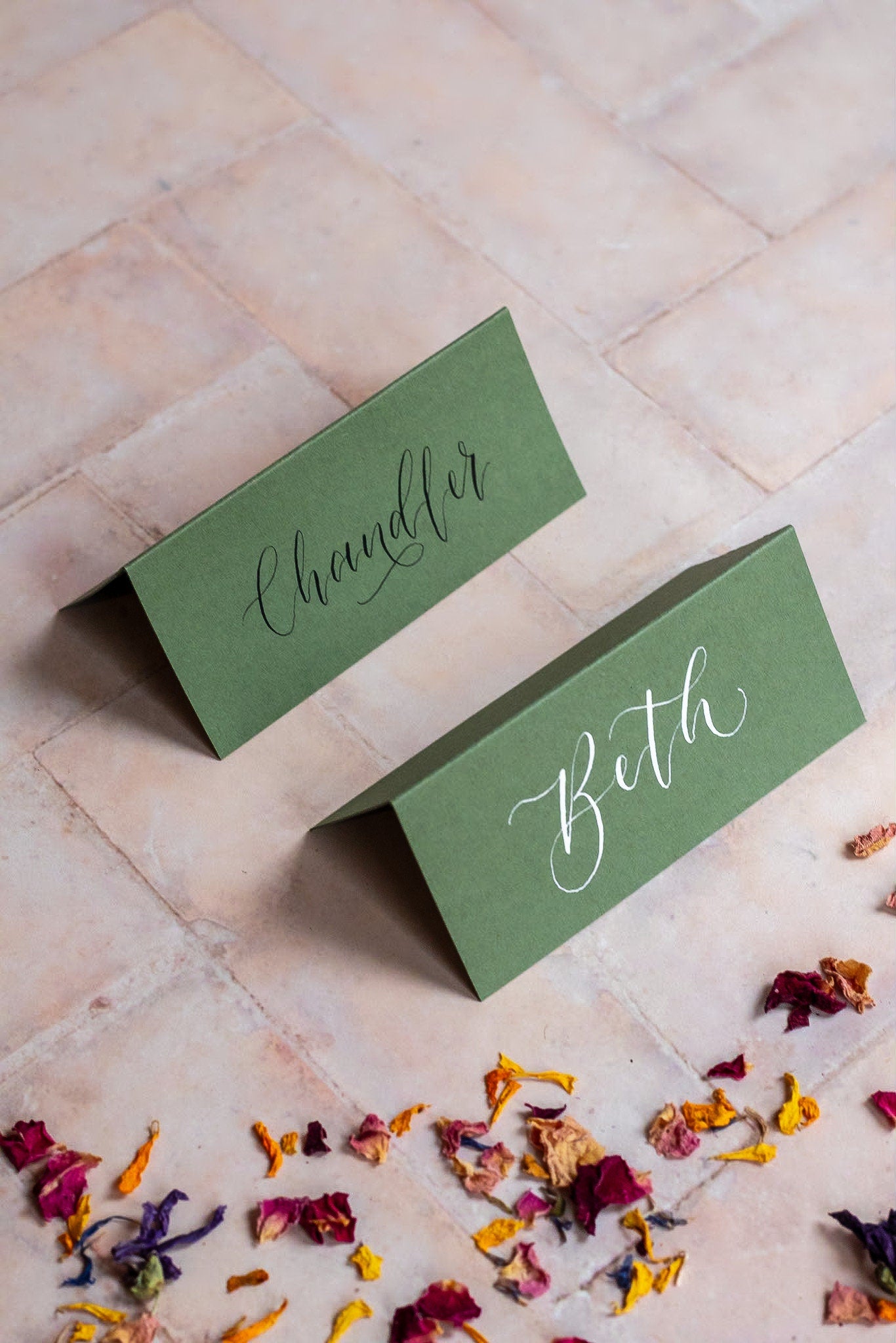 Mid Green Folded Place Cards - Wedding / Event Place Settings / Khaki